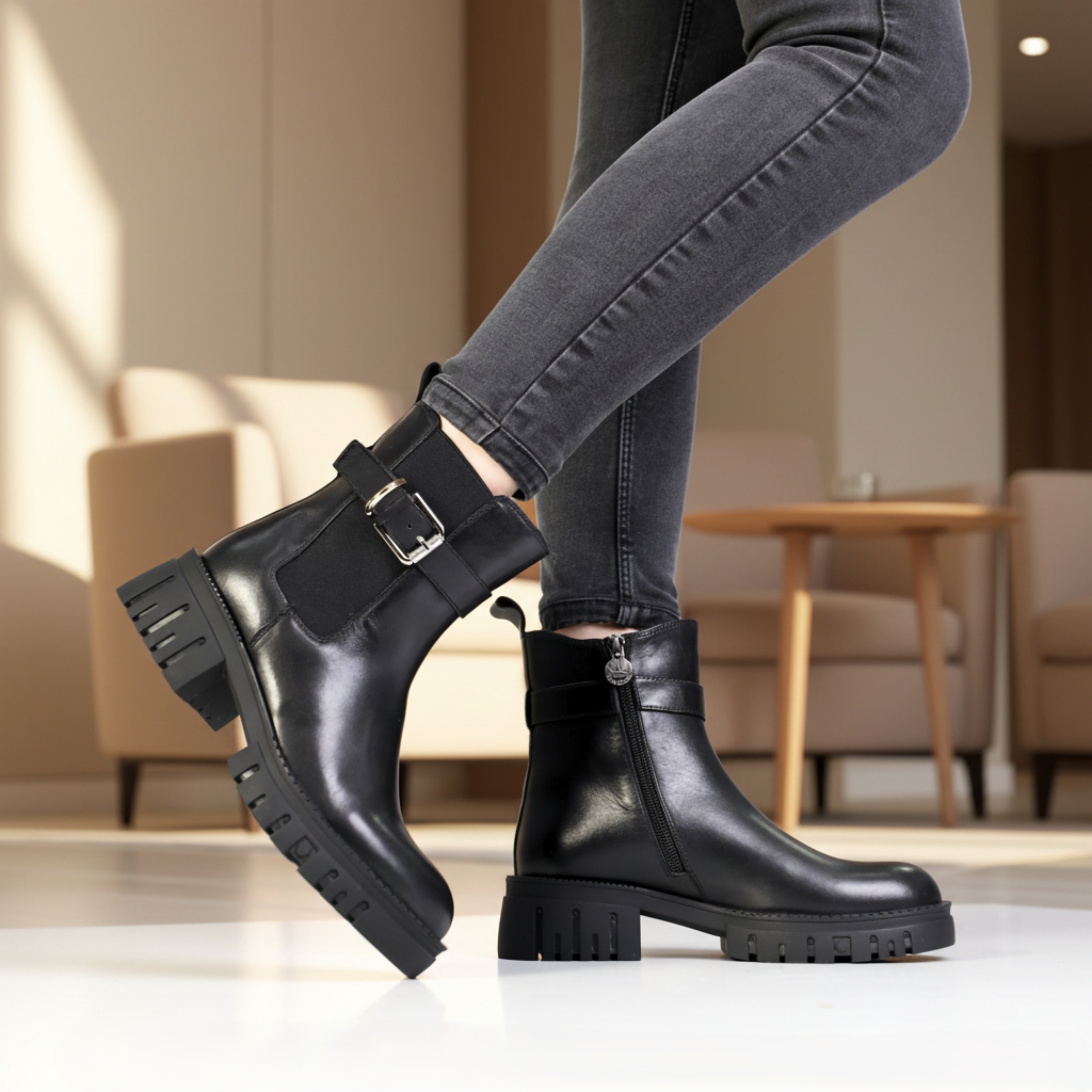 Хар арьсан Buckle Chelsea Ankle Boots