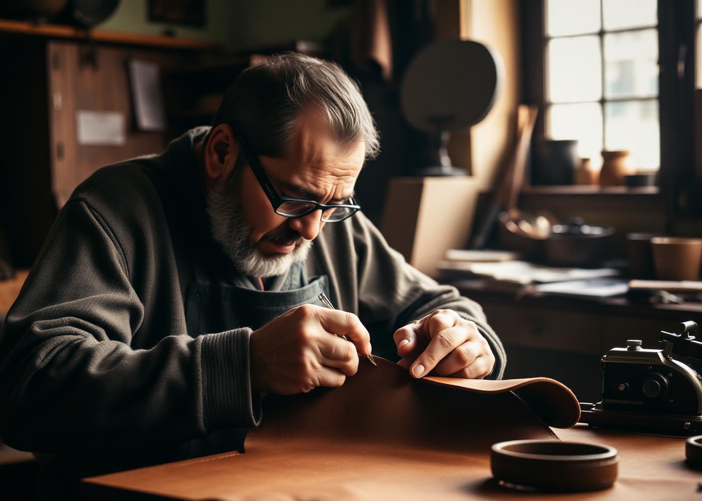 A SHAGAI craftsman stitching leather in our Ulaanbaatar atelier